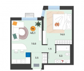 1-комн, 45 кв м, этаж 12/19 улица Эльвиры Федоровой, 1к1