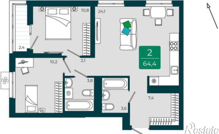 2-комн квартира в новом доме улица Василия Подшибякина, 9/6,  д. 9/6