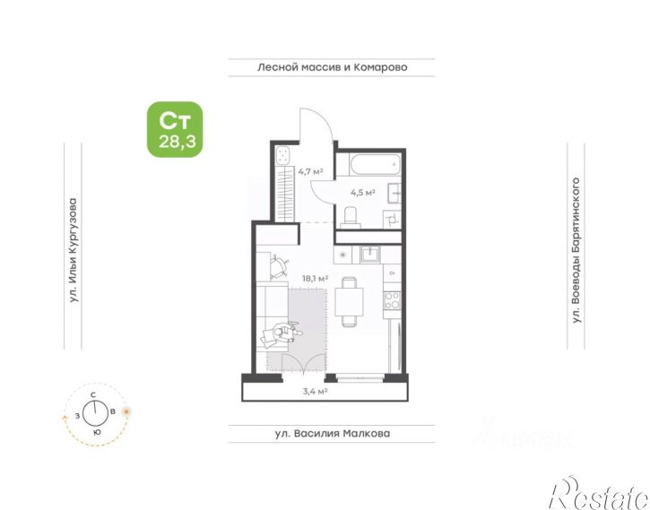 1-комн квартира в новом доме улица Василия Малкова, 21,  д. 21