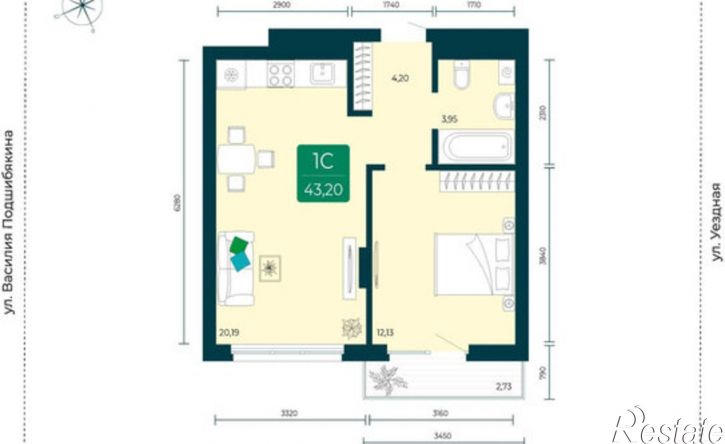 1-комн квартира в новом доме улица Василия Подшибякина, 7,  д. 7