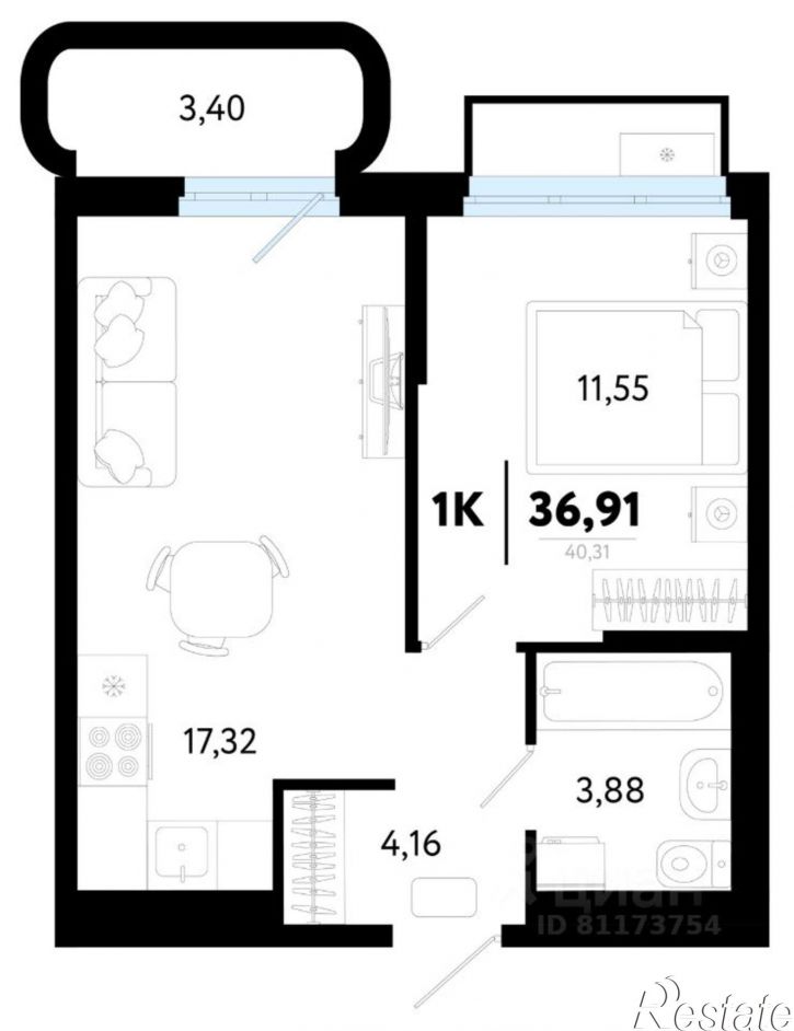 1-комн квартира в новом доме улица Василия Малкова, 32,  д. 32