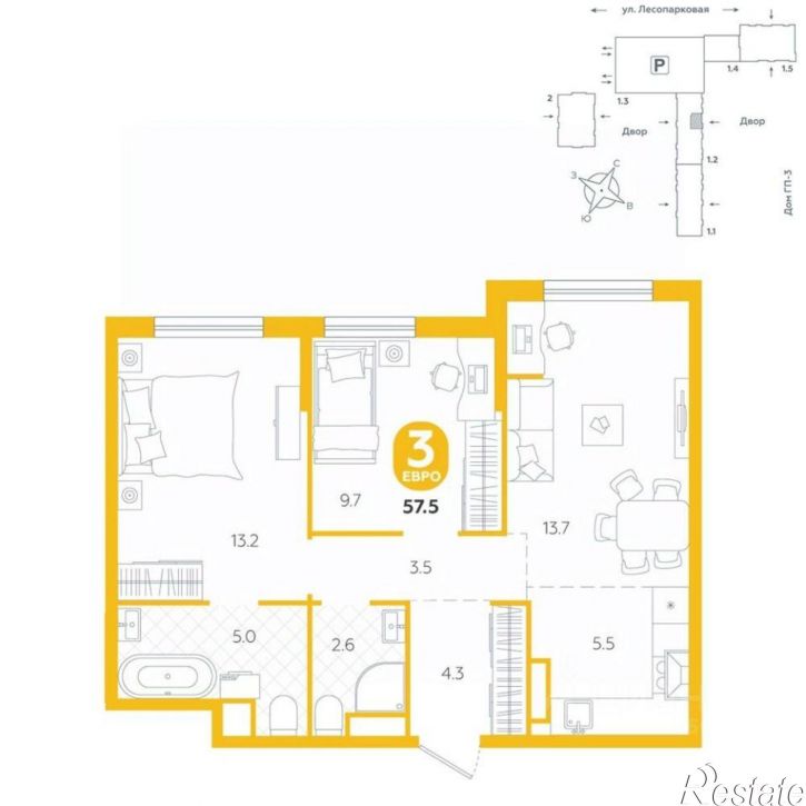 2-комн квартира в новом доме Лесопарковая улица, 17 к1,  д. 17 к1