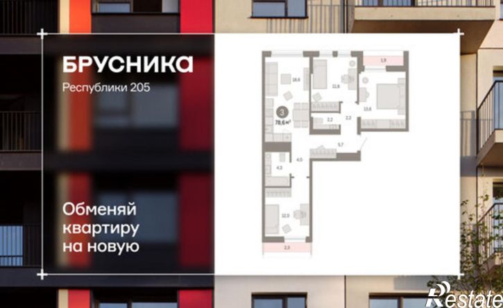 3-комн квартира улица Республики, 205 к1,  д. 205 к1