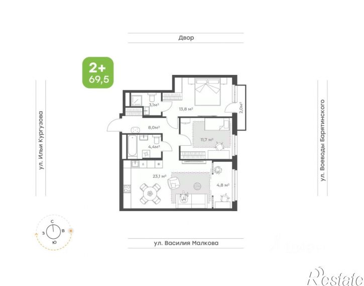 2-комн квартира в новом доме ул Ильи Кургузова, 1,  д. 1