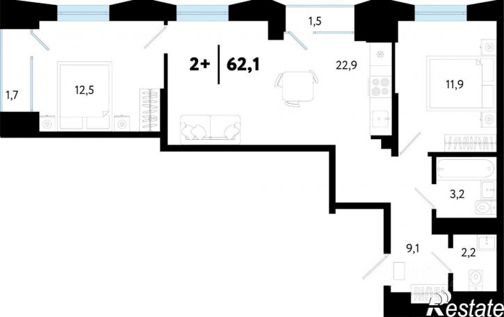 2-комн квартира в новом доме улица Судостроителей, 40 к7,  д. 40 к7