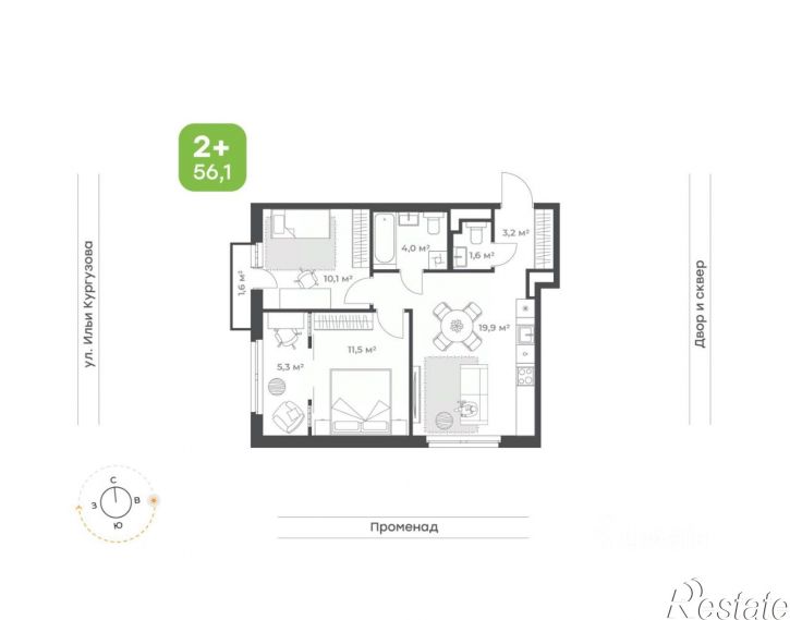 2-комн квартира в новом доме улица Ильи Кургузова, 8/1,  д. 8/1