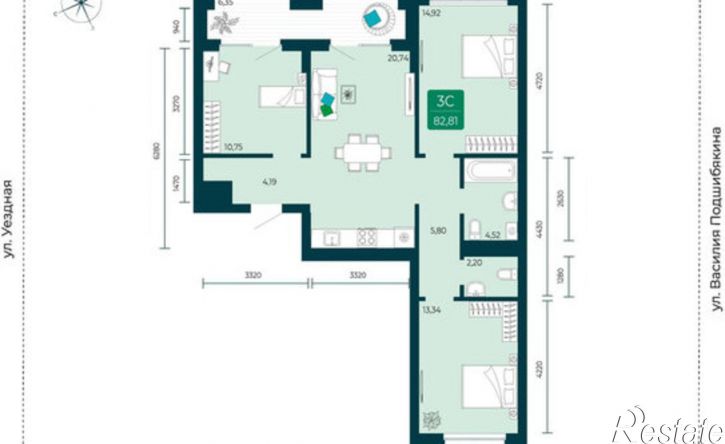 3-комн квартира улица Василия Подшибякина, 7