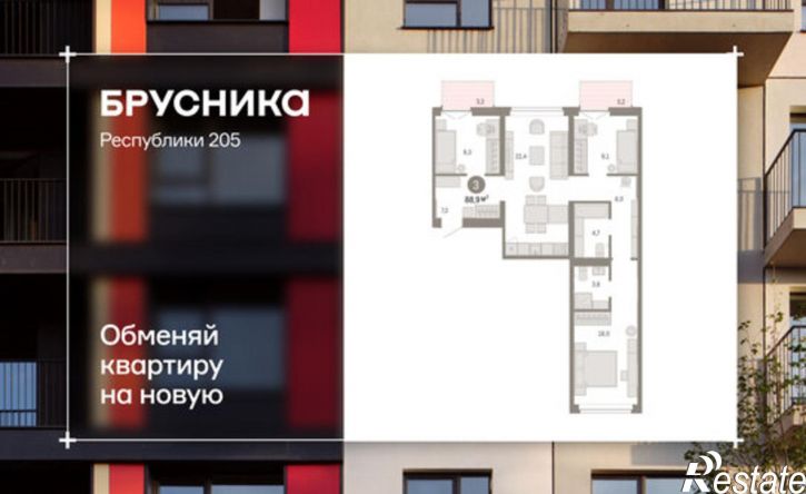 3-комн квартира ул Республики, 205 19,  д. 205 19,  к. 19