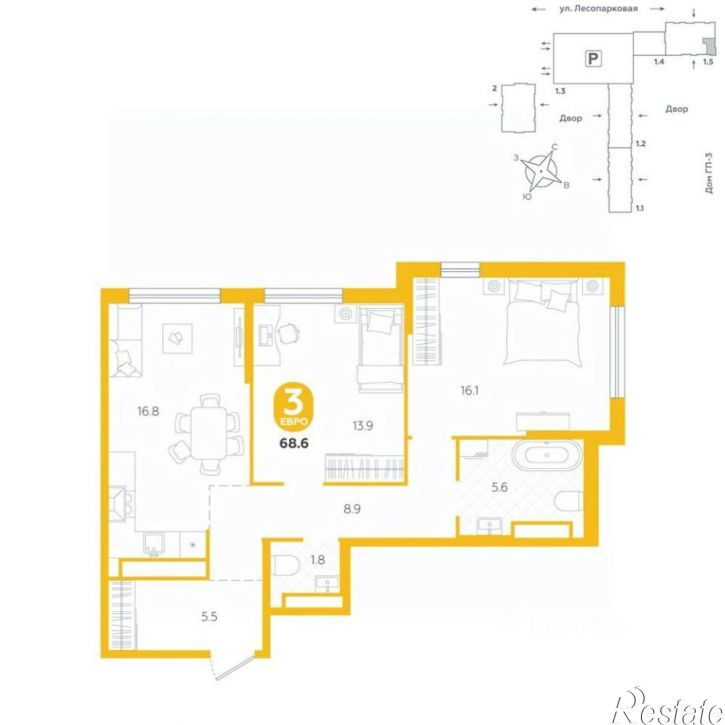 2-комн квартира в новом доме Лесопарковая улица, 17 к1,  д. 17 к1