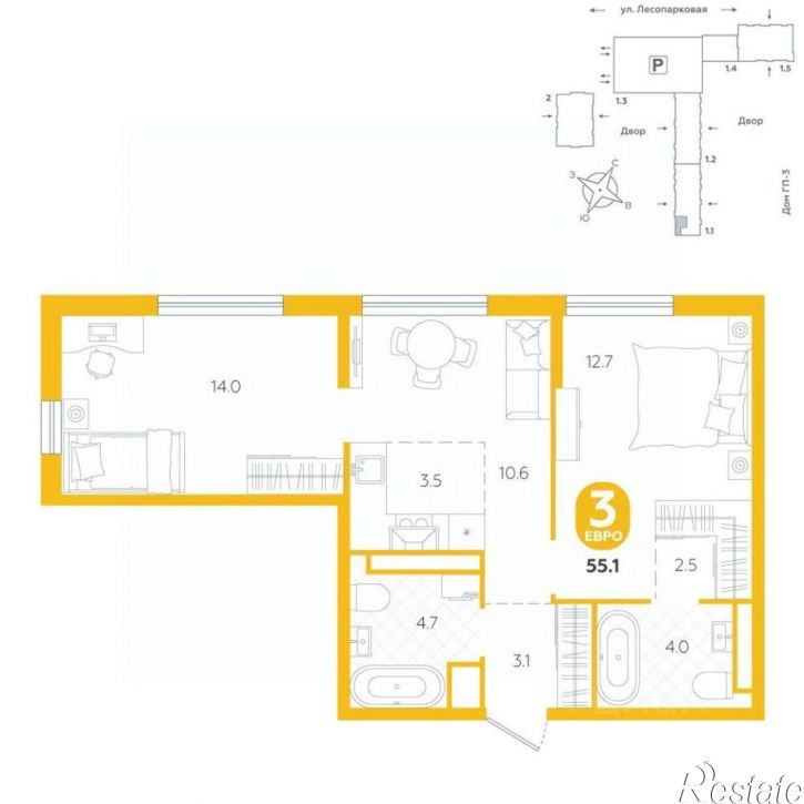 2-комн квартира в новом доме Лесопарковая улица, 17 к1,  д. 17 к1