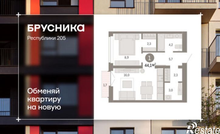 1-комн квартира улица Республики, 205 к2,  д. 205 к2