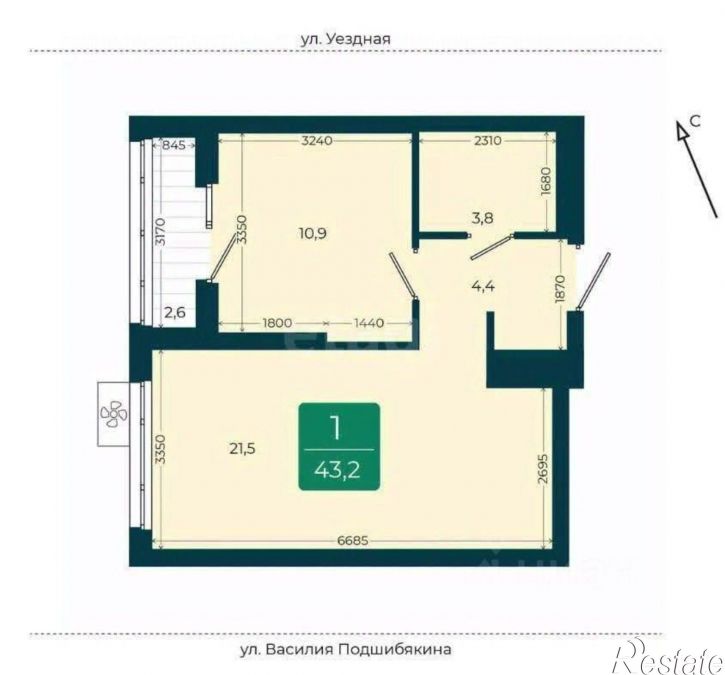1-комн квартира в новом доме улица Василия Подшибякина, 7,  д. 7