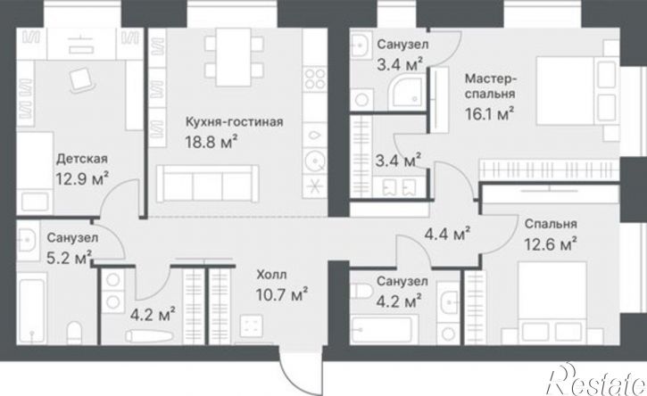 3-комн квартира в новом доме ул Московский тракт, 154,  д. 154