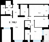 3-комн, 110 кв м, этаж 8/10 ул Бирюзова, 6б