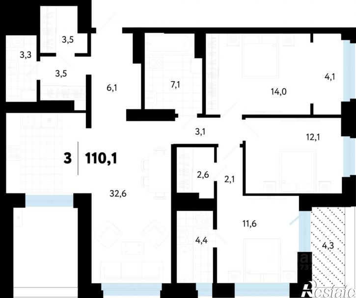 3-комн квартира в новом доме ул Бирюзова, 6б,  д. 6б