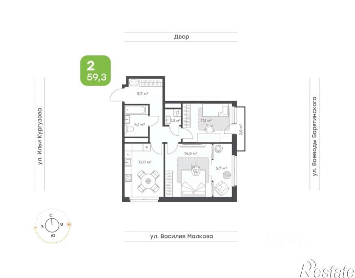 2-комн квартира в новом доме ул Ильи Кургузова, 1,  д. 1