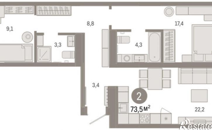 2-комн квартира ул Республики, 205 19,  д. 205 19,  к. 19