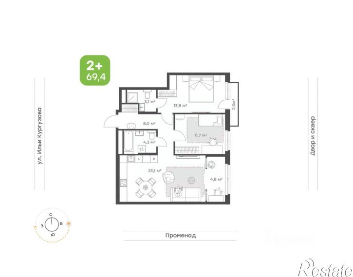 2-комн квартира в новом доме ул Ильи Кургузова, 1,  д. 1