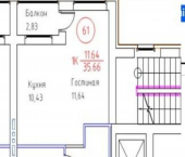 1-комн, 35 кв м, этаж 3/4 ул Василия Севергина, 5