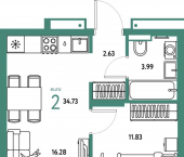 2-комн, 34 кв м, этаж 4/16 Подгорная улица, 73