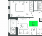 1-комн, 36 кв м, этаж 7/16 улица Владимира Абазарова, 1