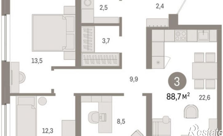 3-комн квартира в новом доме ул Мысовская, 26,  д. 26