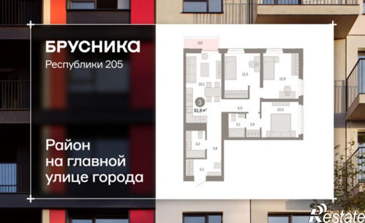 3-комн квартира в новом доме ул Республики, 205/5,  д. 205/5