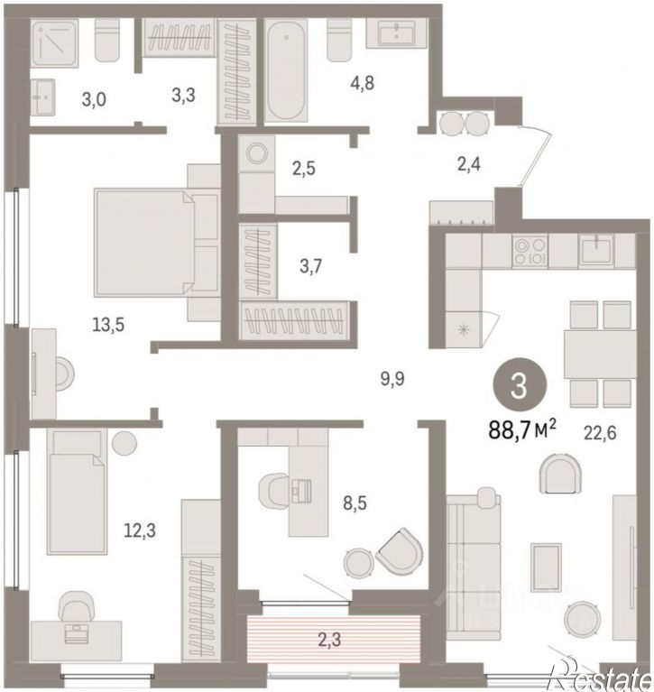3-комн квартира в новом доме ул Мысовская, 26,  д. 26