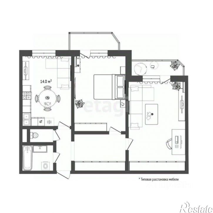 2-комн квартира ул Малыгина, 14 3,  д. 14 3,  к. 3