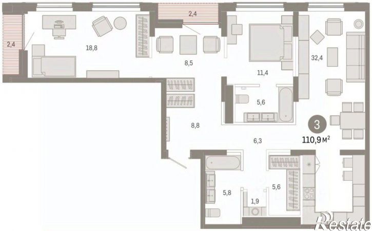3-комн квартира в новом доме ул Краснооктябрьская, 4 3,  д. 4 3,  к. 3