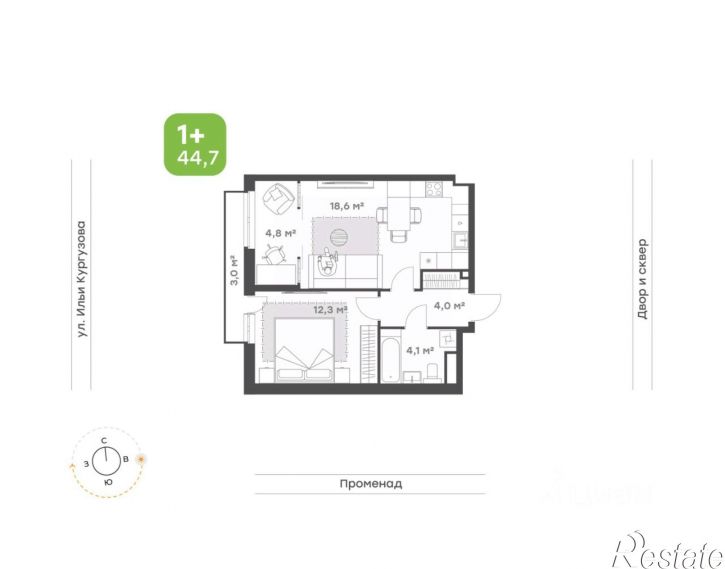 1-комн квартира в новом доме ул Ильи Кургузова, 1,  д. 1