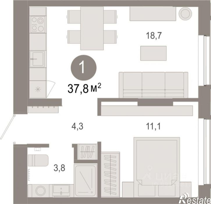 1-комн квартира в новом доме Томская улица, 52 к5,  д. 52 к5