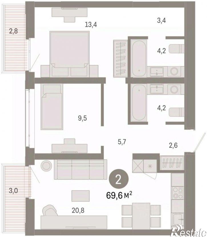 2-комн квартира в новом доме улица Республики, 205 к3,  д. 205 к3