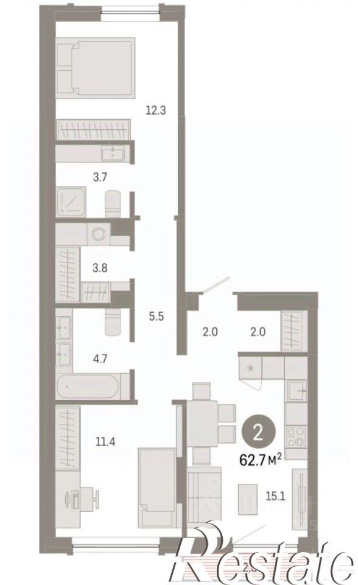 2-комн квартира в новом доме Томская улица, 52 к5,  д. 52 к5