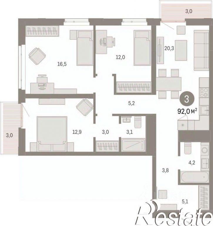 3-комн квартира в новом доме улица Республики, 205 к3,  д. 205 к3