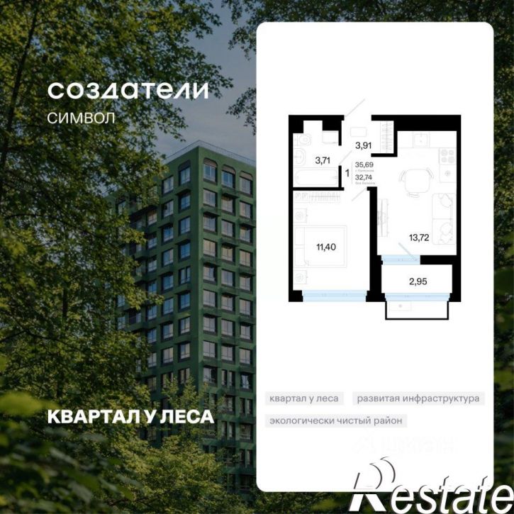 1-комн квартира в новом доме улица Василия Малкова, 32,  д. 32