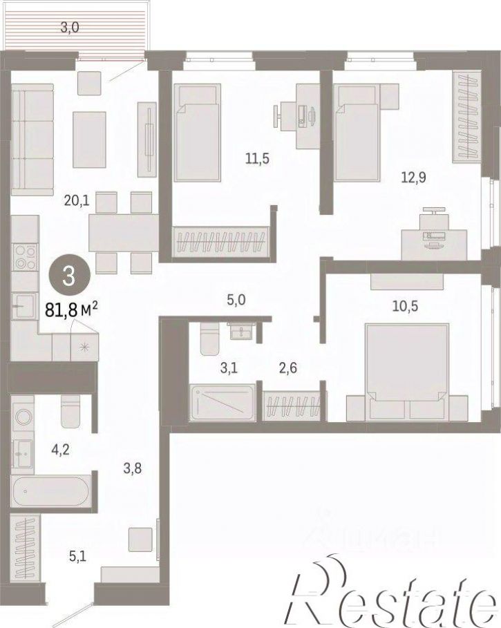 3-комн квартира в новом доме улица Республики, 205 к3,  д. 205 к3