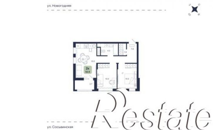 2-комн квартира в новом доме Сосьвинская улица, 33 к1,  д. 33 к1