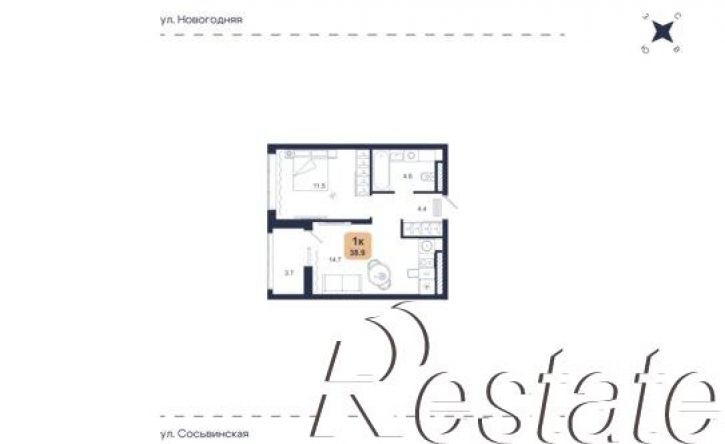 1-комн квартира в новом доме Сосьвинская улица, 33 к1,  д. 33 к1