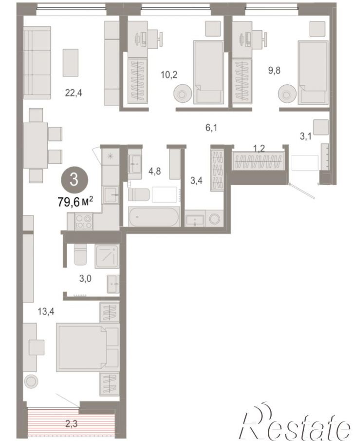 3-комн квартира в новом доме Краснооктябрьская, 4, корп.5