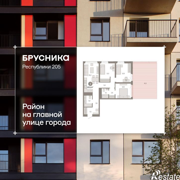 3-комн квартира в новом доме Республики, 205