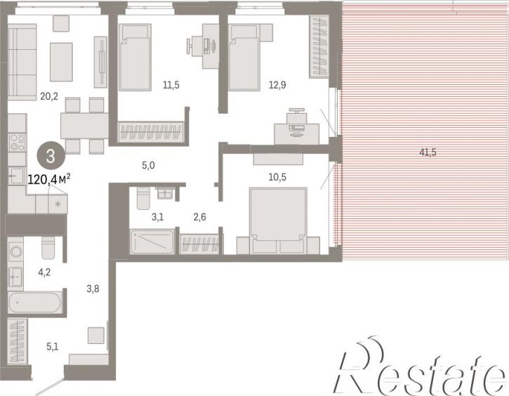 3-комн квартира в новом доме Республики, 205