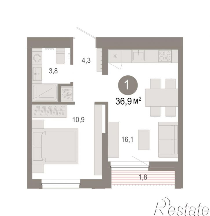 1-комн квартира в новом доме Краснооктябрьская, 4, корп.5
