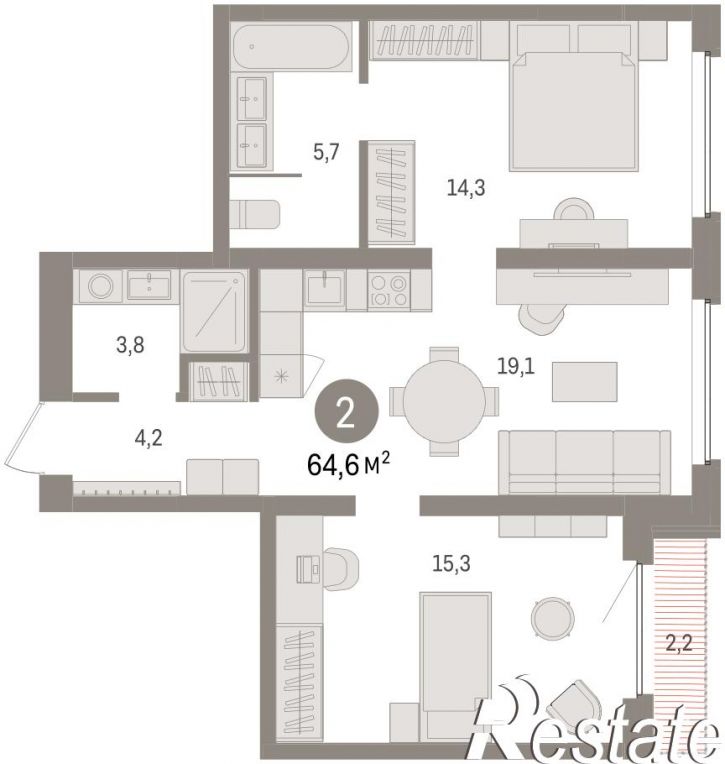 2-комн квартира в новом доме Мысовская, 22