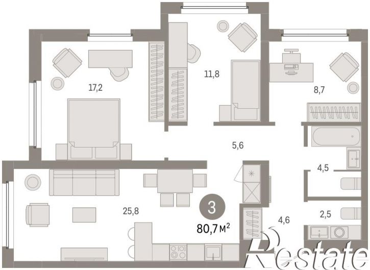 3-комн квартира в новом доме Мысовская, 22