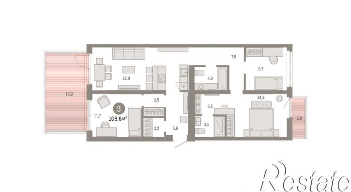 3-комн квартира в новом доме Республики, 205
