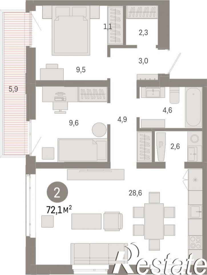 2-комн квартира в новом доме Республики, 205