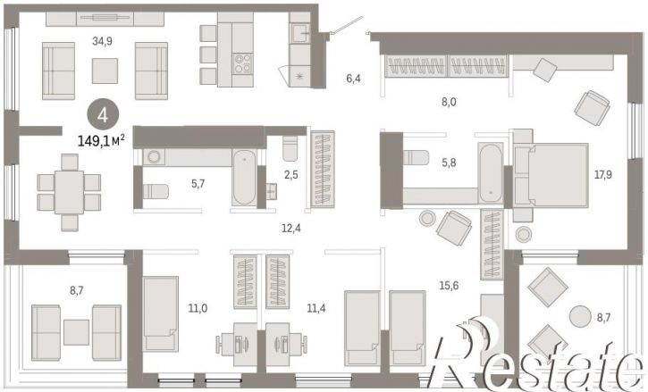 4-комн квартира в новом доме Республики, 205