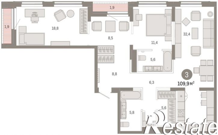 3-комн квартира в новом доме Краснооктябрьская, 4, корп.2