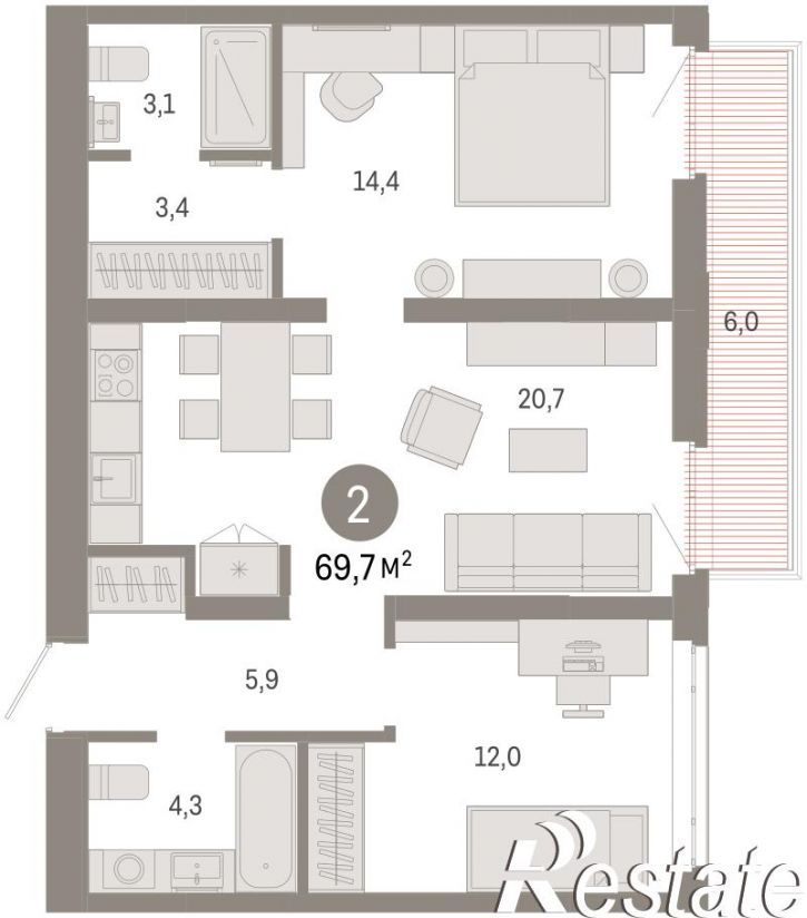 3-комн квартира в новом доме Республики, 205